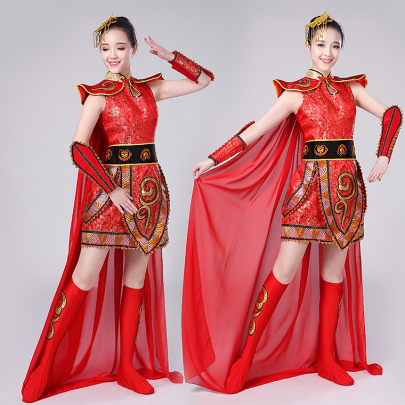 Red China style modern dance dresses for women girls Chinese traditional general cosplay performance competition drummer dancing costumes 