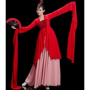 Red Chinese folk classical dance costumes female water sleeves classical dance suit Chinese wind art exam fan dance clothes ancient Chinese fairy dance hanfu