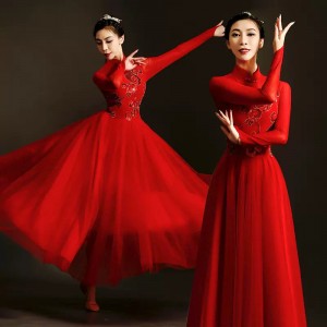 Red Chinese folk dance dress ancient traditional classical dance qipao Chinese style classical dance costumes,choir chour class dance skirts for woman