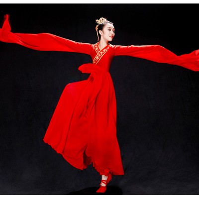 Red color Waterfall sleeve Chinese folk  classical dance costume for women girls elegant Chinese style Caiwei Jinghong dance Hanfu fan dance wear for woman