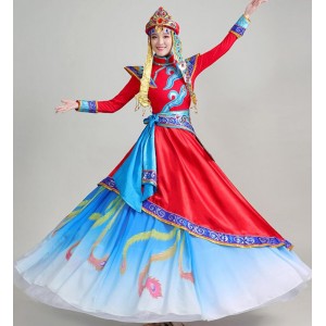 Red colored Chinese folk Mongolian dance costume for women girls ethnic minority dance costumes Mongolia dance robe opening dance costumes