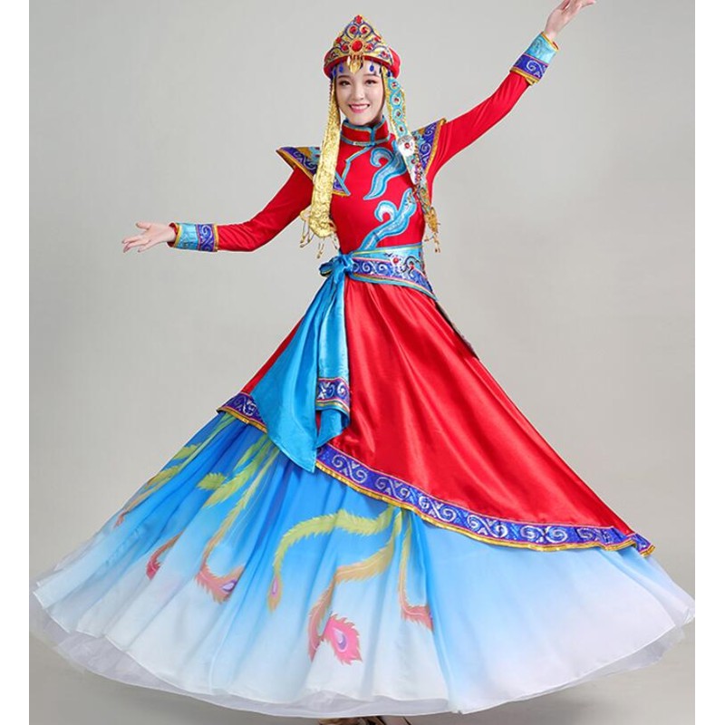 Red colored Chinese folk Mongolian dance costume for women girls ethnic minority dance costumes Mongolia dance robe opening dance costumes