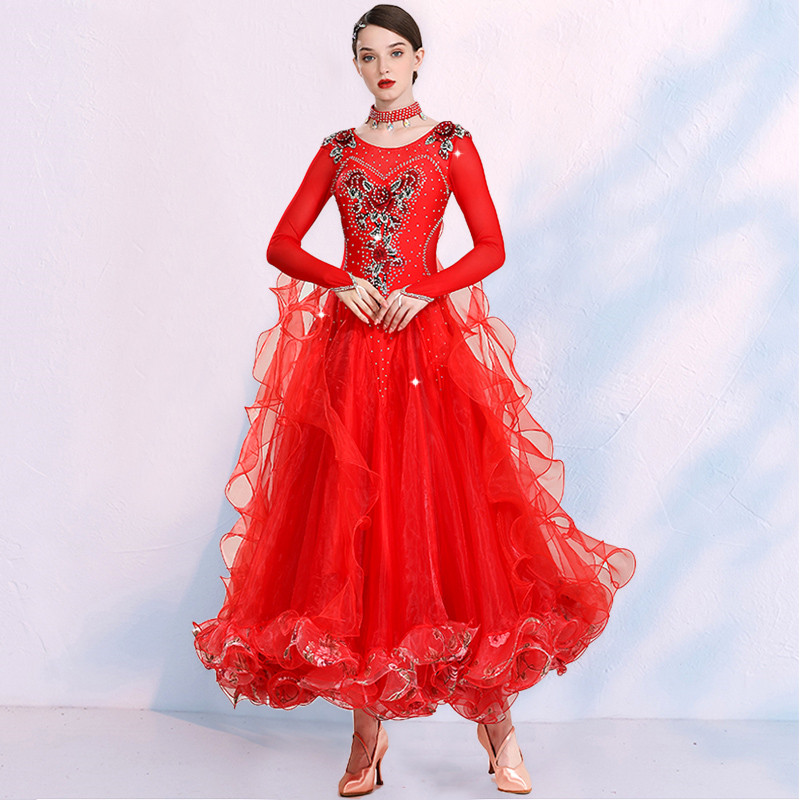 Red competition ballroom dance dresses for women stones stage performance professional waltz tango foxtort smooth dance dresses gown for lady