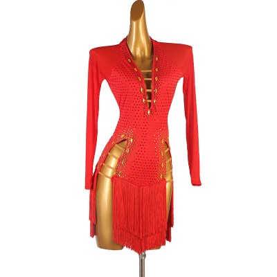 Red competition Latin Dance Dresses with Gemstones For Women Girls  long sleeves tassesls Salsa Cha Cha Dancing Outfits For Girls