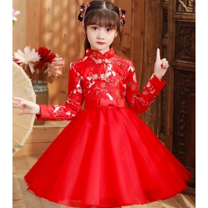 Red Fairy Chinese Princess Qipao Dresses Hanfu girls  ancient style cheongsam dress girl ancient folk dance costumes Model show New Year Celebration Tang Suit for Baby