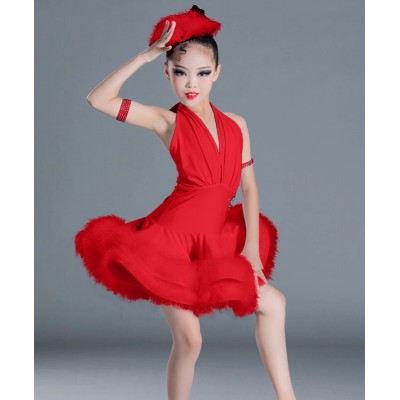 Red feather latin dance dresses for girls kids children ballroom salsa rumba chacha dance costumes for Girls 