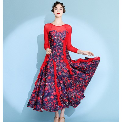 Red flowers floral ballroom dance dresses for women girls modern waltz tango foxtrot smooth dance long dress for female