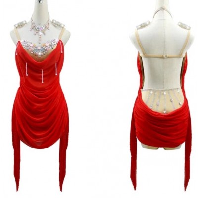 Red fringe flowy latin dance dresses for women girls bling salsa rumba chacha ballroom dancing costumes flesh bodysuit insde for female