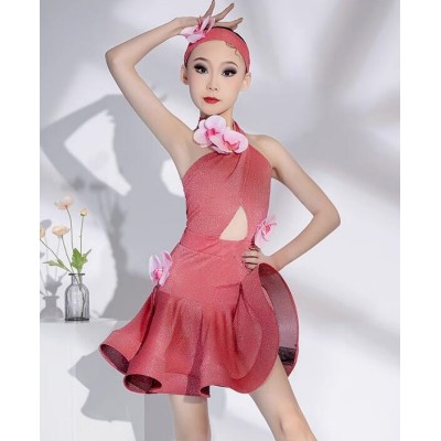 Red glitter ballroom Latin dance dresses for girls kids appliques flowers salsa rumba latin competition performance skirt for children professional latin dancing outfits