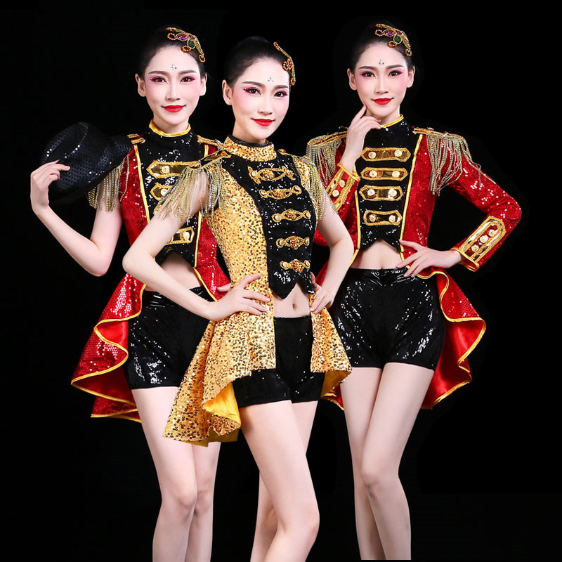 Red gold sequined jazz dance costumes for women girls tuxedo coats magician performance drum clothes  gogo dancers dovetail tops nightclub stage dance outfits