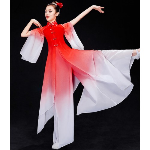 Red gradient Chinese Classical folk dance costume for women elegant  Chinese fan umbrella dance folk dance dresses hanfu water sleeve fairy dance clothes