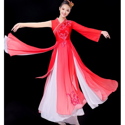 Red gradient Chinese folk classical dance costumes for women girls hanfu fairy dress Elegant Chinese Style Modern fan umbrella yangko dance dresses for female