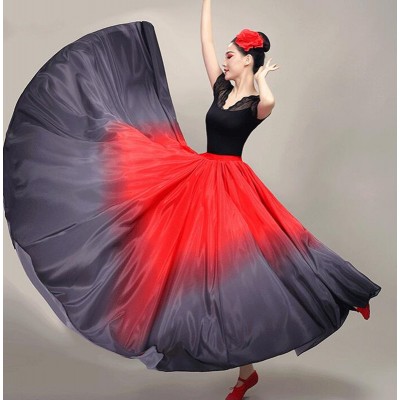Red gradient flamenco dance skirts for women girls spanish paso double bull dance swing skirts for female