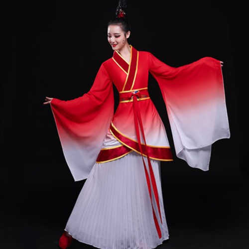 Red gradient hanfu Women's girls chinese folk dance costumes stage performance fairy princess drama cosplay dresses kimono