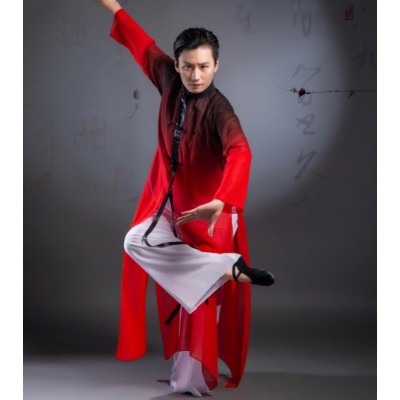 Red gradient men's chinese folk dance costumes hanfu youth dragon drum lion stage competition wushu Chinese kung fu dance wear for man
