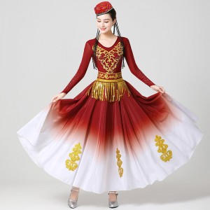 Red Gradient Xinjiang dance costume for women girls  swing skirt Wei ethnic Uyghu stage performance dresses art exam solo dance opening dance performance wear