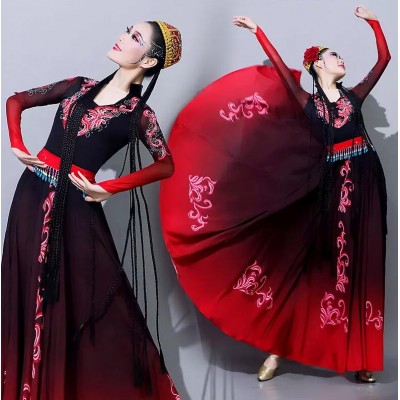 Red Gradient Xinjiang dance dresses for women girls art test Uygur dance costume ethnic xinjiang minority Uyghur skirt student examination big swing skirt