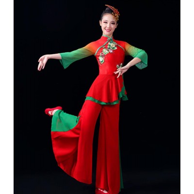 Red Green Chinese folk dance dresses for women girls ancient traditional classical dance wear fan umbrella yangge dance costumes for female