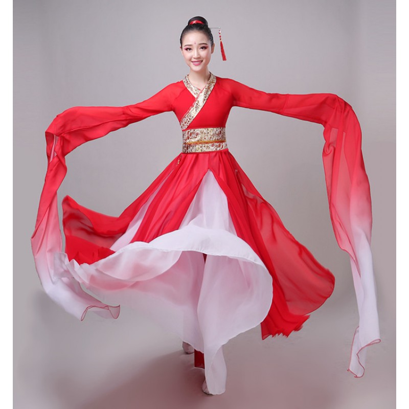 Red hanfu Women's chinese folk dance dresses stage  performance water sleeves classical fairy dance princess dresses