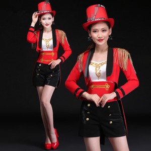 Red jazz dance costumes for women magician gogo dancers stage performance singer host party cosplay tuxedo tops and shorts
