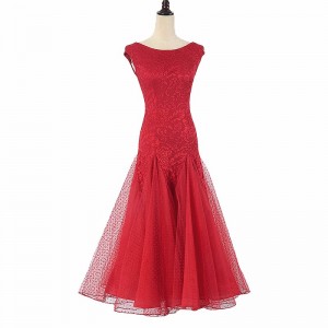 Red Lace Ballroom dance dresses for women girls waltz tango foxtrot smooth dance flamenco training execises practice  long skirt for female