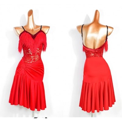 Red lace fringe latin dance dresses for women girls flamenco bull salsa rumba chacha ballroom stage performance costumes for female