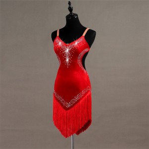 Red latin dresses for women girls  red velvet competition stage performance rumba samba chacha salsa dancing dresses