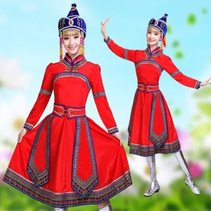 red Mongolian costumes for women Mongolian dress gowns mongolia ethnic dance costumes