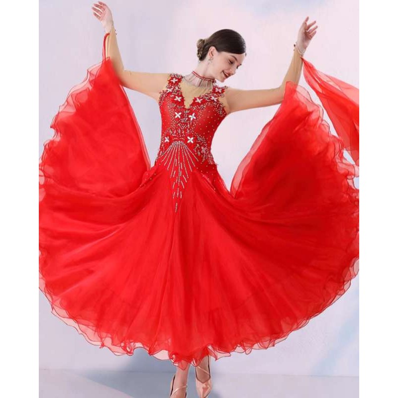 Red navy competition ballroom dance dresses for women girls professional senior rhythm waltz tango foxtrot smooth dance sparkle long gown for emale