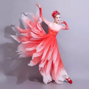 Red petals gradient opening flamenco dance dresses for women girls modern dance Atmospheric Chinese classical dance phoenix flower blooming costume
