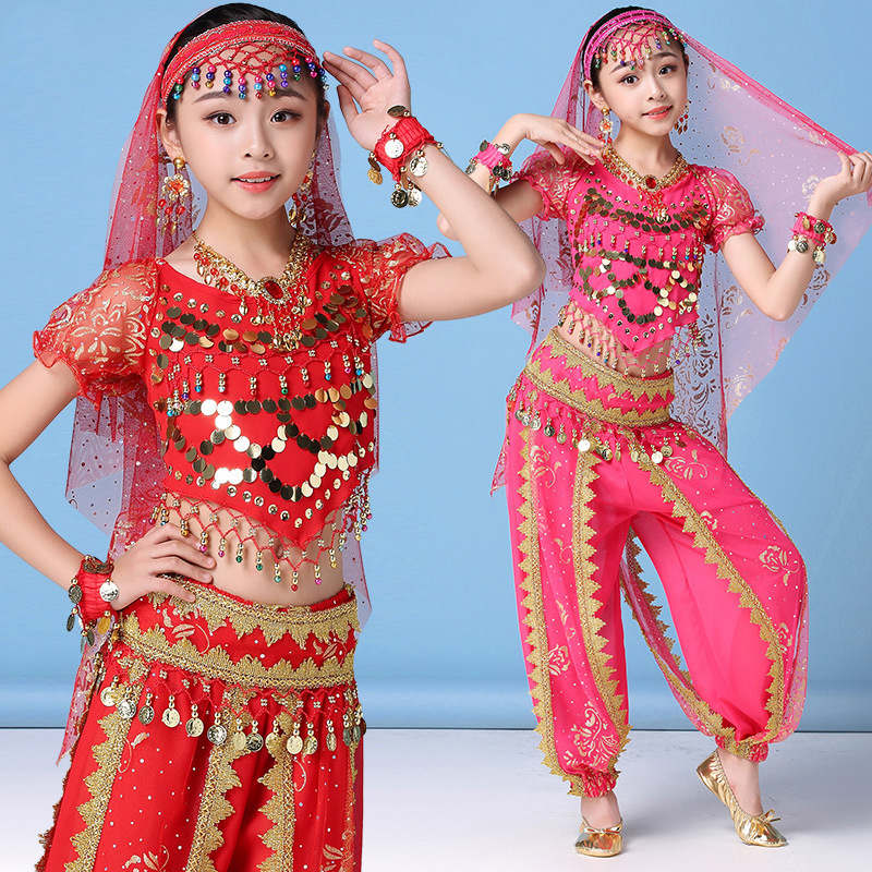 Red Pink Royal Blue Belly dance Dresses for Kids Girls xinjiang ethnic dance clothes Indian Bollywood dance costumes sequins dance suit of the girls