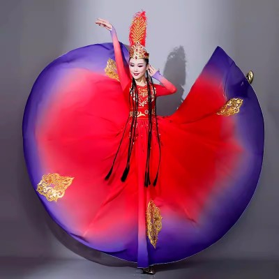 Red purple Xinjiang Uygur dance dresses for women girls xinjiang opening dance of the solo dance of the female art exam Ethnic minority costumes