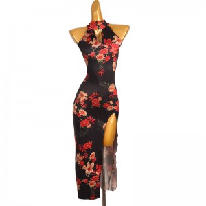 Red rose flowers halter neck latin dance dresses for women girls side slit salsa rumba rumba chacha tango stage performance costumes for female
