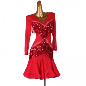 Red Sequined tassels Latin dance dress for women girls stage performance competition suit professional Rumba Chacha dance skirt Jitba dance dresses
