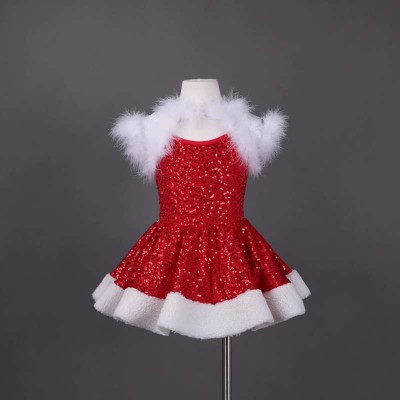 Red sequins white feather tutu skirts ballet dance dress for girls toddlers baby birthday party pianist performance jazz skating dance dress for kids