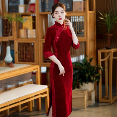 Red velvet lace Chinese Dress Qipao Cheongsam Dress for Women Girls  young paragraph qipao dress party favors red cultivate 