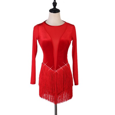 Red velvet with mesh sexy latin dance dresses with diamond for women girls fringe rumba salsa chacha dance mini dress for female 