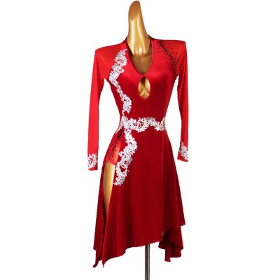 Red velvet with white embroidered diamond competition latin dance dress for women rumba salsa chacha dance dress latin costumes for female