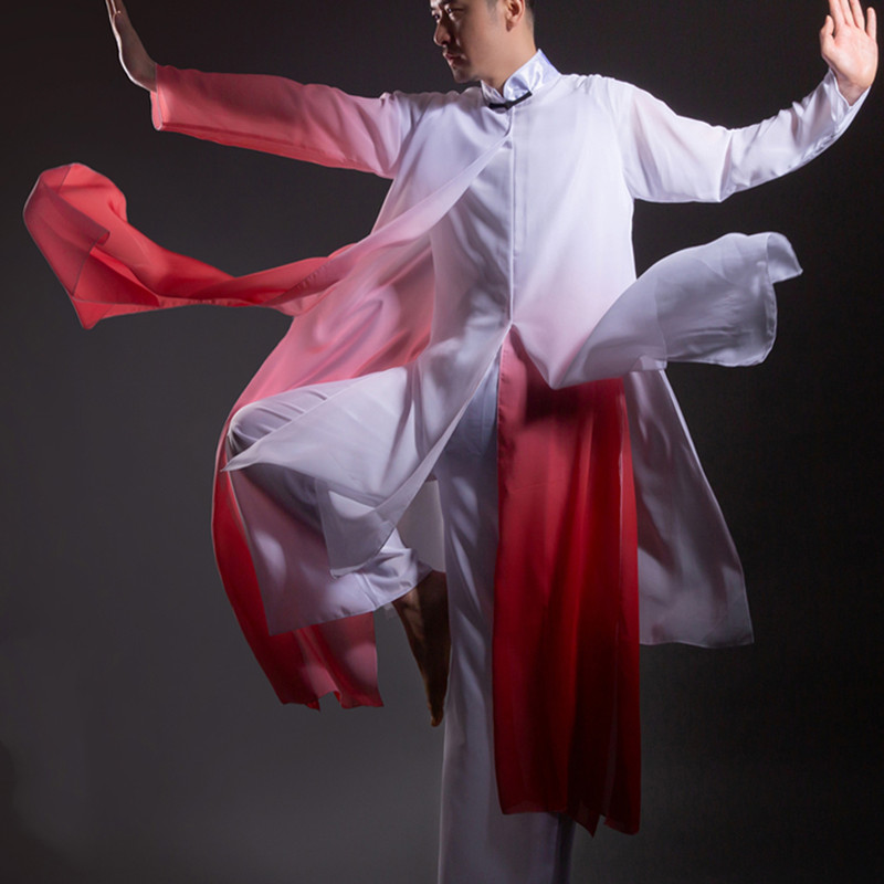 Red white gradient chinese Classical folk dance costumes hanfu Chinese style Han Tang Dynasty wushu dance suts ink Scholar Men swordsman dance performance clothes