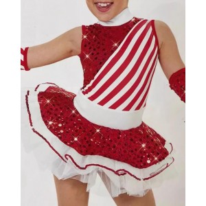 Red white striped sequins jazz dance dress tutu skirts ballet dance dress for girls toddlers baby preschool carnival party stage performance dance outfits 
