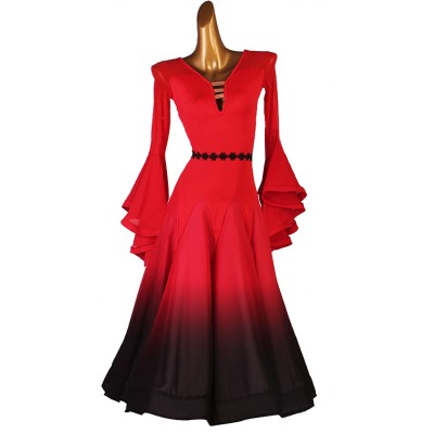 Red with black gradient ballroom dance dresses for women girls long flare sleeves professional waltz tango foxtrot smooth dance long dress for female