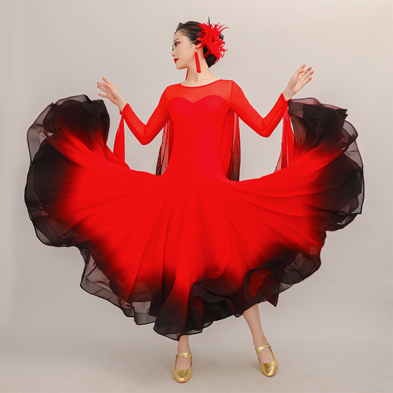 Red with black gradient ballroom dancing dresses for women girls junior rhythm smooth long sleeves foxtrot tango waltz tango dance long skirts for female