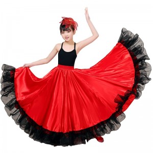  Red with black ruffles flamenco dance skirt for girls kids spanish bull dance skirts stage performance clothing Spanish children's opening dance skirts