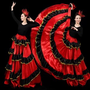 Red with black striped flamenco dance skirts for women girls paso double spanish bull dance long skirts for female