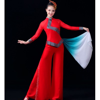 Red with blue chinese folk dance costumes ancient traditional Jiaozhou Yangge performance dress female Chinese fan umbrella dance performance clothing