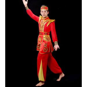 Red with gold chinese folk dance costumes for women and men festival water waist drum gong drum team suit Chinese dragon and lion dance costumes