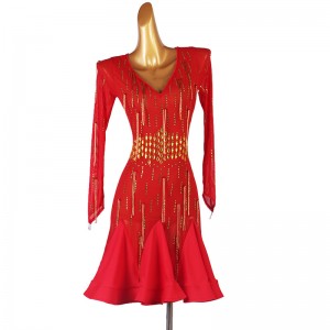 Red with gold diamond tassels competition latin dance dress modern dance latin costumes for women girls long sleeves v neck rumba salsa chacha dance dress