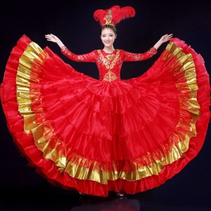 Red with gold flamenco dresses for girls opening dance bull dance spanish folk dance stage performance big skirted ballroom dress