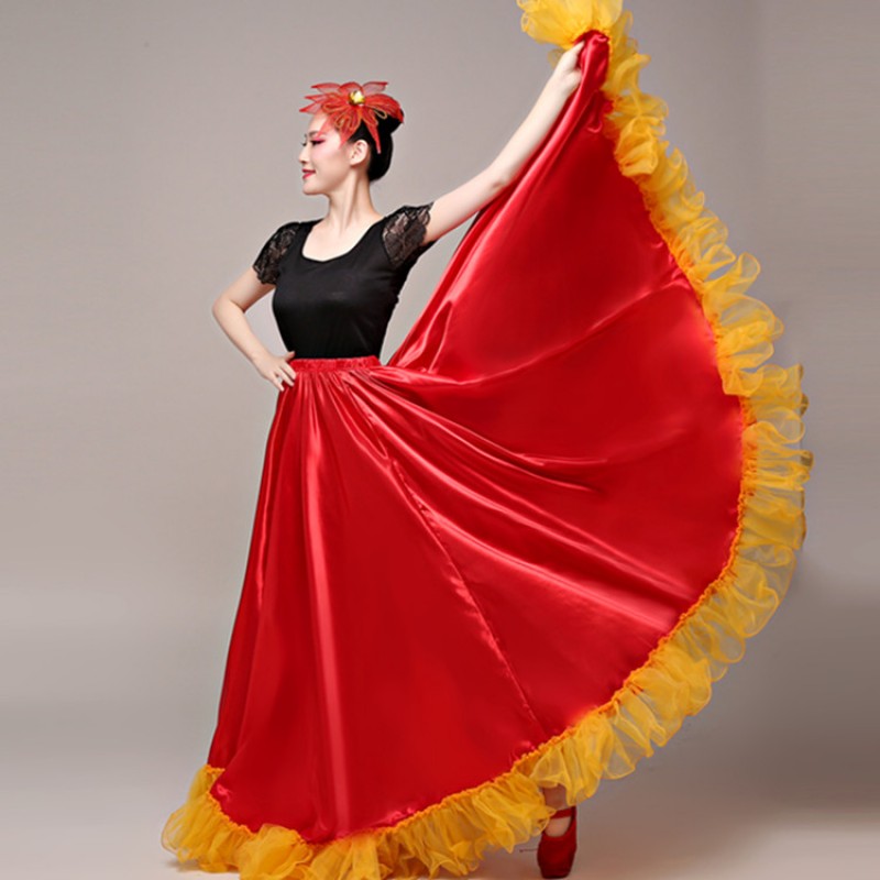 Red with gold flamenco skirts womeng girls stage performance spanish bull folk dance skirts swing skirts
