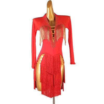Red with gold fringe gemstones competition latin dance dresses for women girls salsa rumba chacha stage performance costumes for female